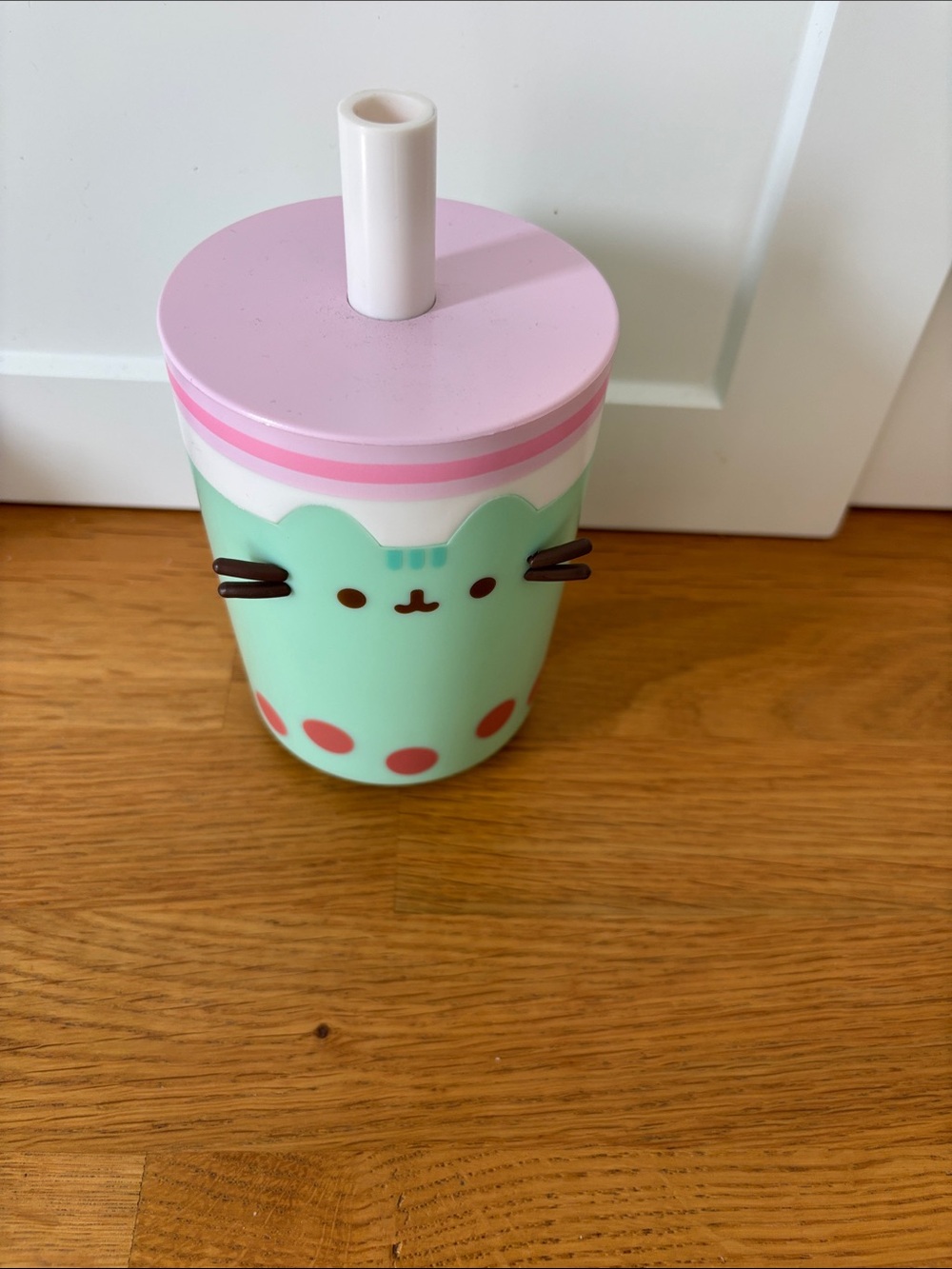 Pusheen Mint Green Tumbler with Pink Lid and Red Dot Accents Boba